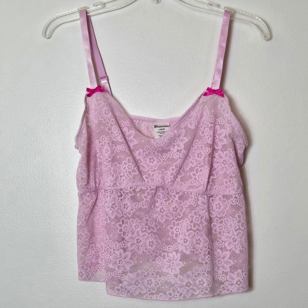 No Boundaries Pink Floral Lace Camisole Top L 12-14 Y2K‎ Coquette Bows Sheer
